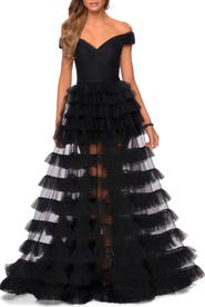 La Femme Sheer Layered Tulle Off the Shoulder Prom Gown