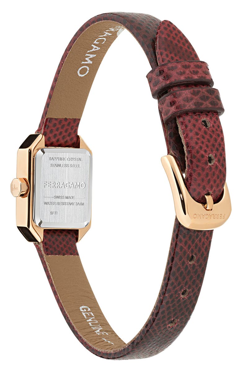FERRAGAMO Crystal Petite Leather Strap Watch, 15mm x 20mm, Alternate, color, Ip Rose Gold/Embossed