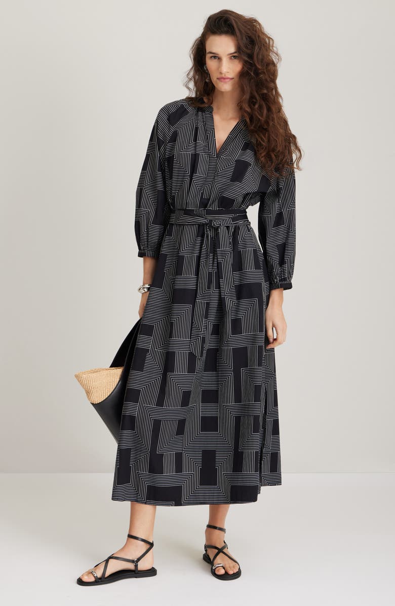 Nordstrom Long Sleeve Belted Cotton Poplin Maxi Dress, Main, color, Black- Ivory Stripe Mix
