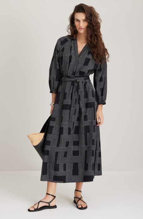 Long Sleeve Belted Cotton Poplin Maxi Dress