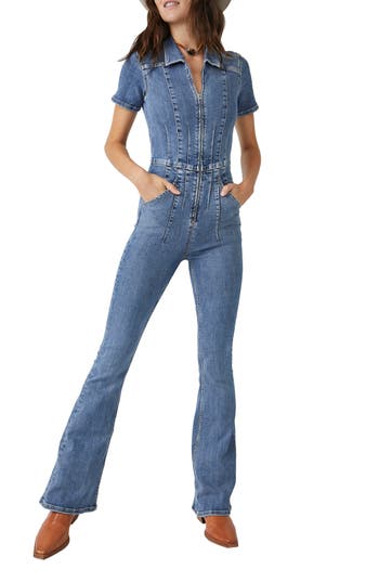 Free People Jayde Denim Flared Jumpsuit In Sunburst Blue
