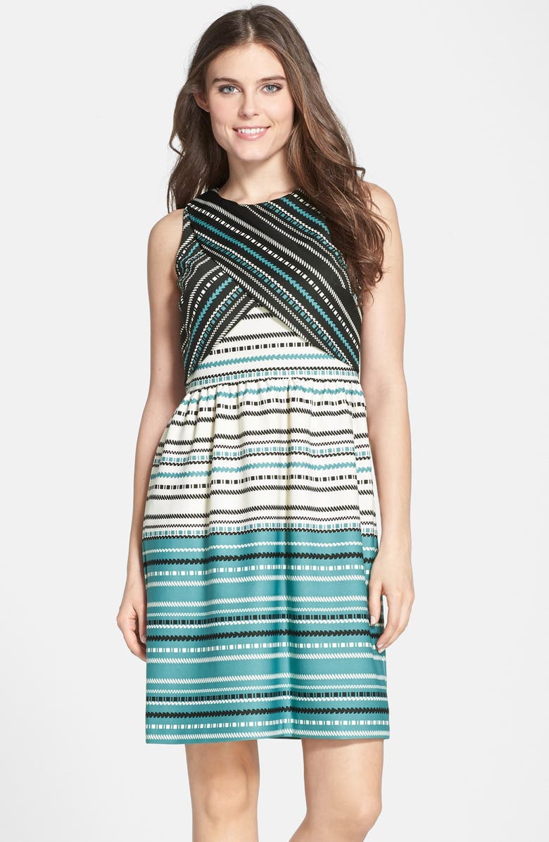 Donna Morgan Print Scuba Layered Bodice Fit & Flare Dress, Alternate, color, 