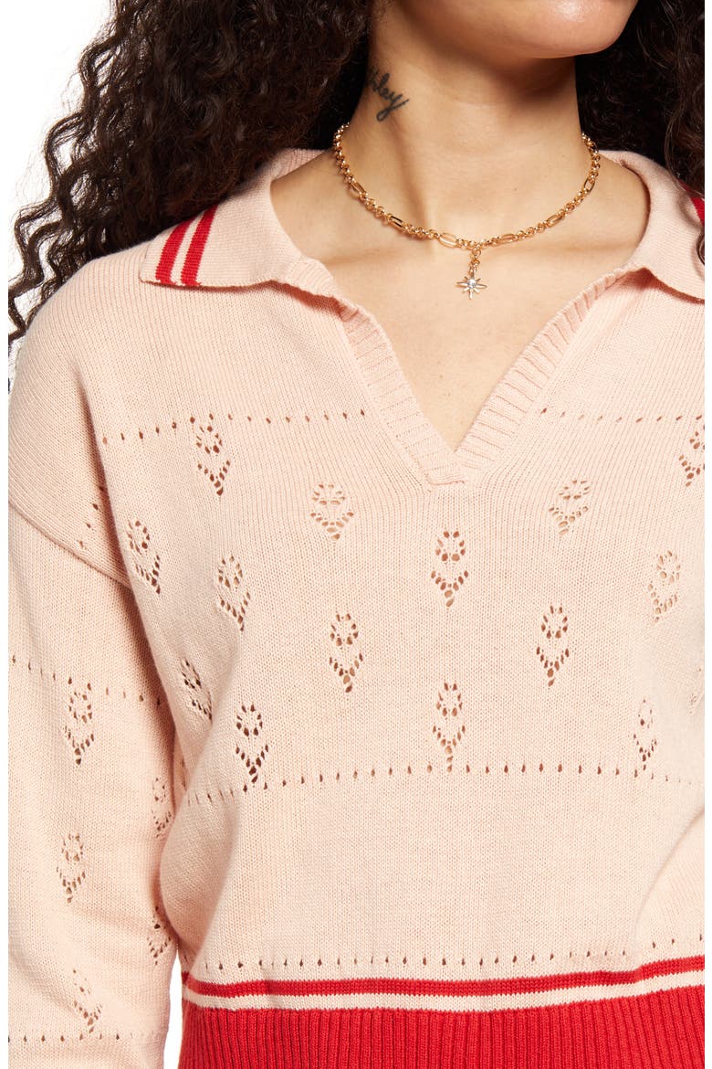POINTELLE POLO SWEATER, Alternate, color, PINK HERO