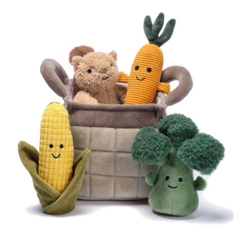 Plush Veggie Basket Play Set with Interactive Stuffed Vegetable Toys
