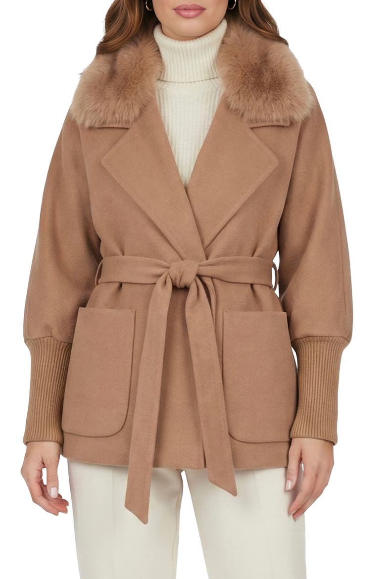 Fabric Jacket With Detachable Genuine Shearling Collar, Belt, Main, color, CAMEL