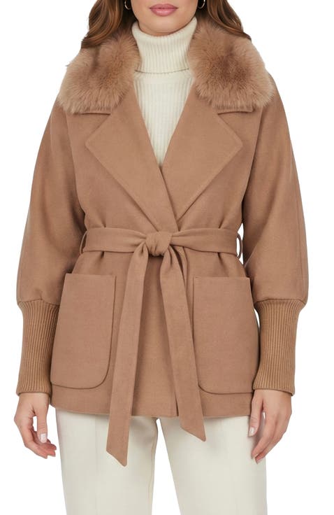 Fabric Jacket With Detachable Genuine Shearling Collar, Belt