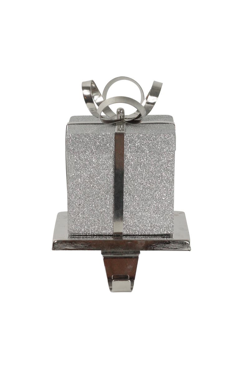 Northlight 5.5" Silver Glitter Gift Box with Bow Christmas Metal Stocking Holder, Alternate, color, 