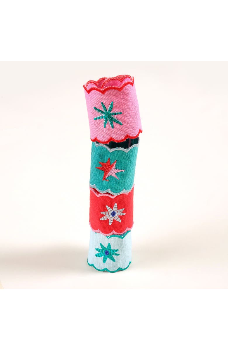 Zsa Zsa Zsu Nilufer 4Pcs Digital Printed Embroidered 100% Cotton Napkin Ring Set 2X7 In, Alternate, color, Multicolor