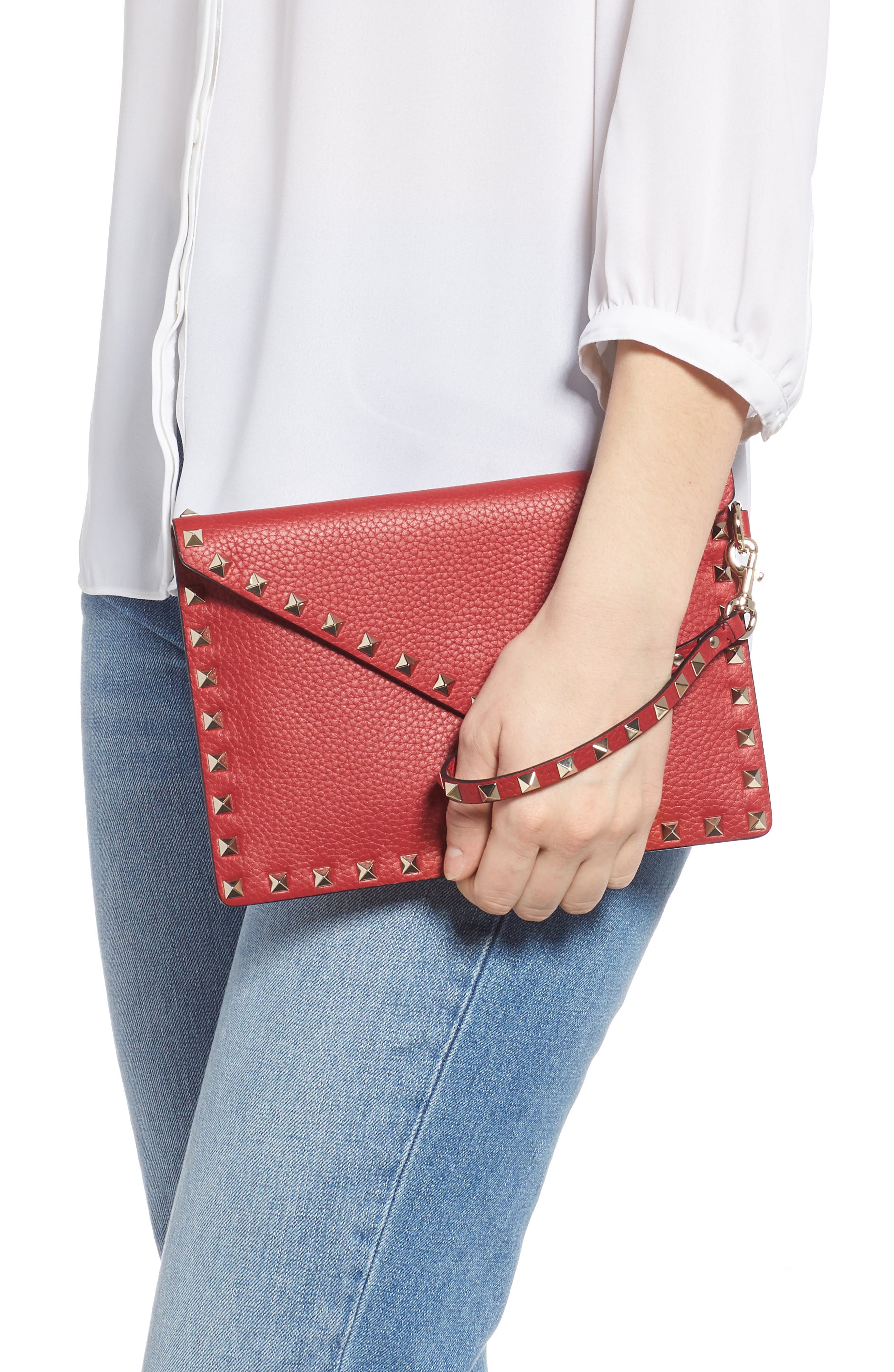 Medium Rockstud Leather Envelope Pouch, Alternate, color, ROSSO V