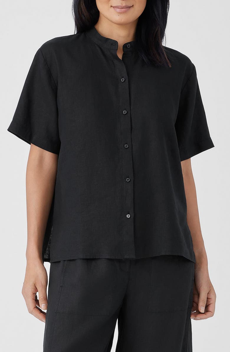 Eileen Fisher Band Collar Short Sleeve Organic Linen Button-Up Shirt, Main, color, Black