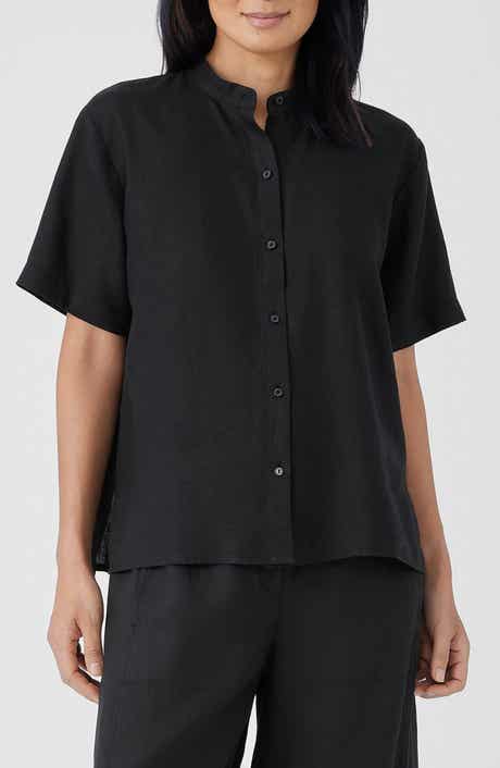 Eileen Fisher Band Collar Short Sleeve Organic Linen Button-Up Shirt