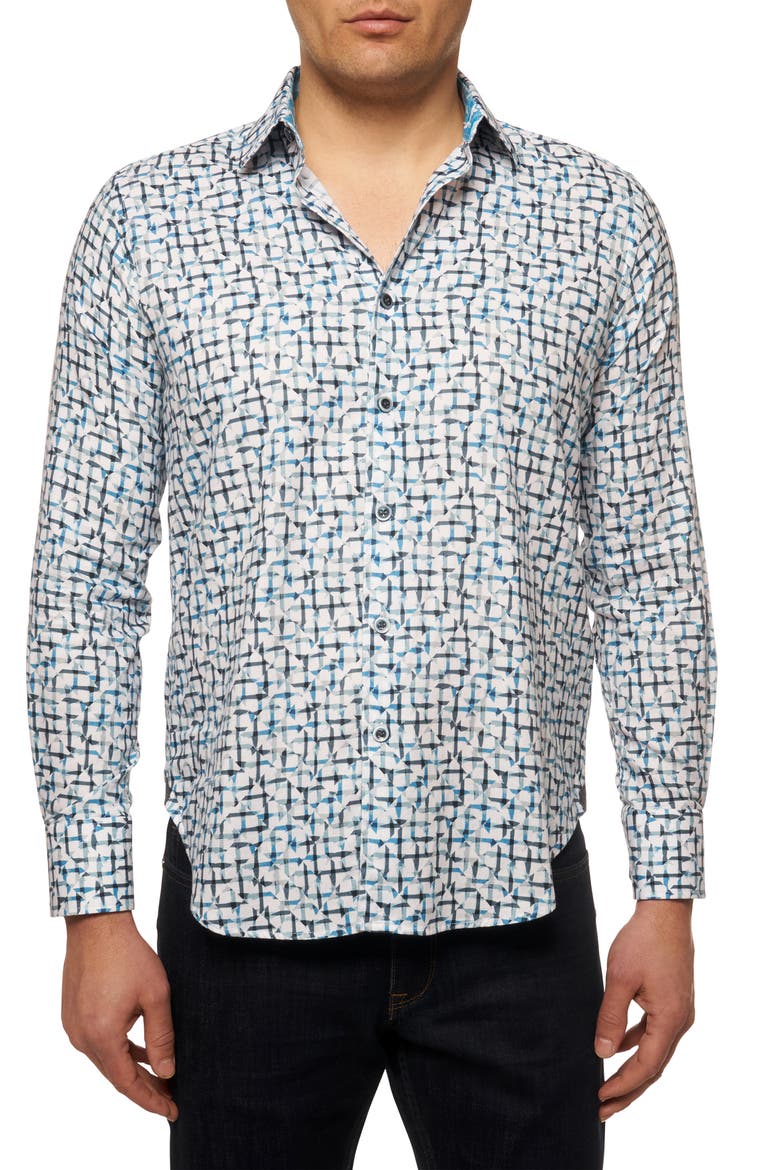 Kerberos Geo Print Button-Up Shirt, Main, color, TEAL