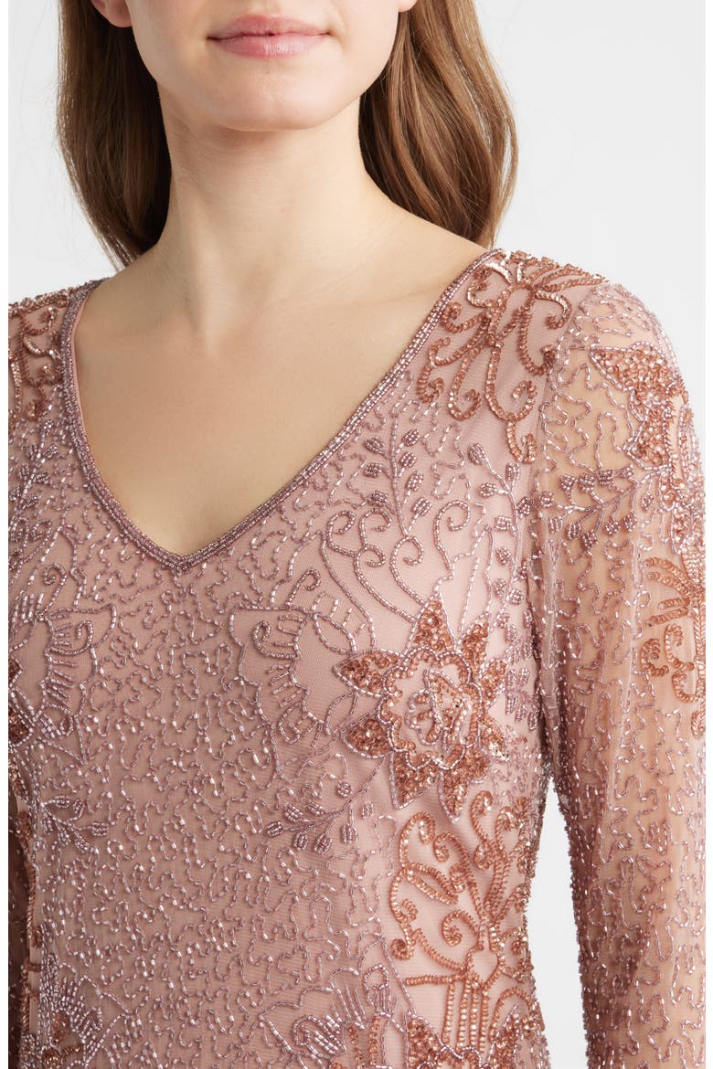 Beaded V-Neck Cocktail Dress, Alternate, color, DUSTY ROSE
