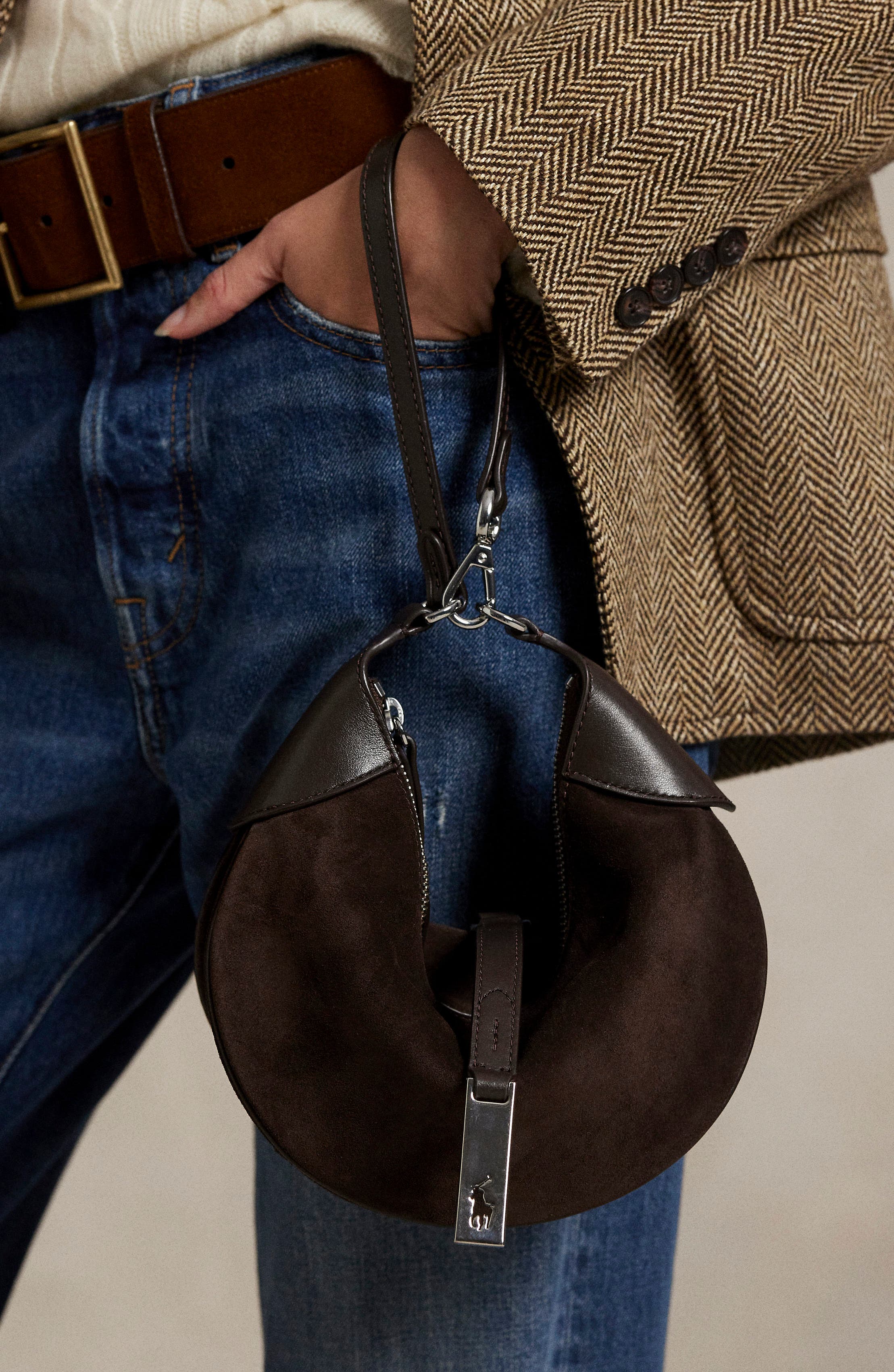 Polo ID Mini Suede & Leather Shoulder Bag, Alternate, color, BROWN