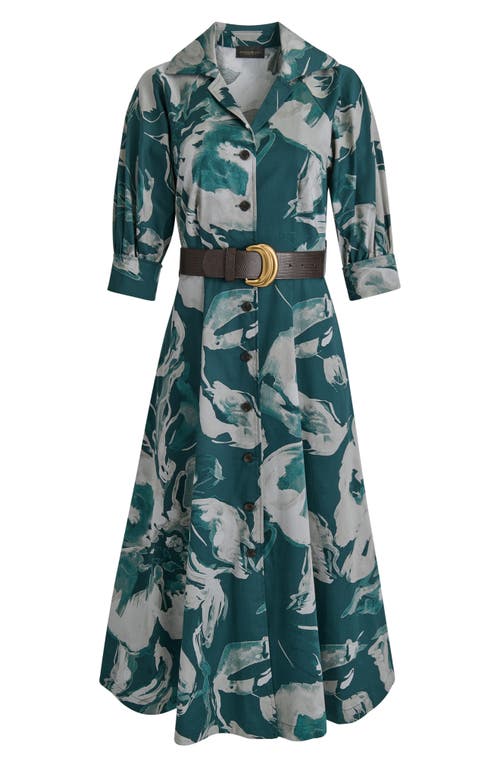 Donna Karan Abstract Floral Belted Midi Shirtdress In Green
