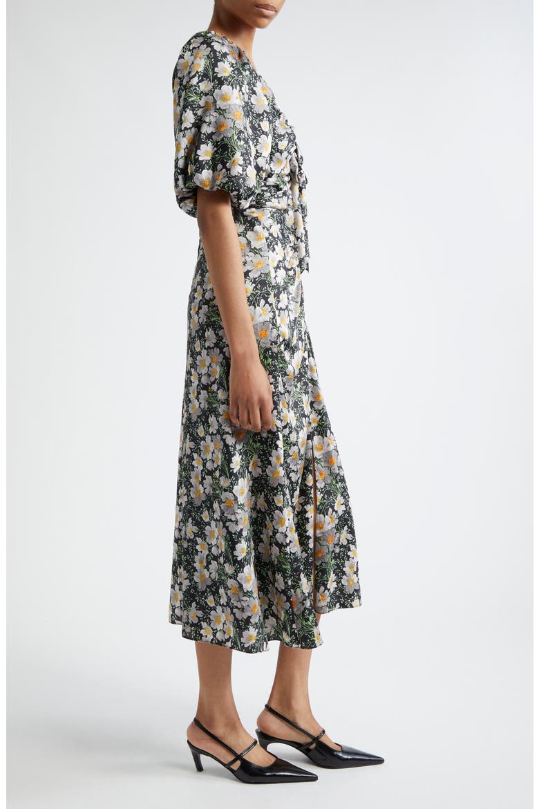 Brenton Cosmo Flower Puff Sleeve Ruched Midi Dress, Alternate, color, BLACK/ LONDON FOG
