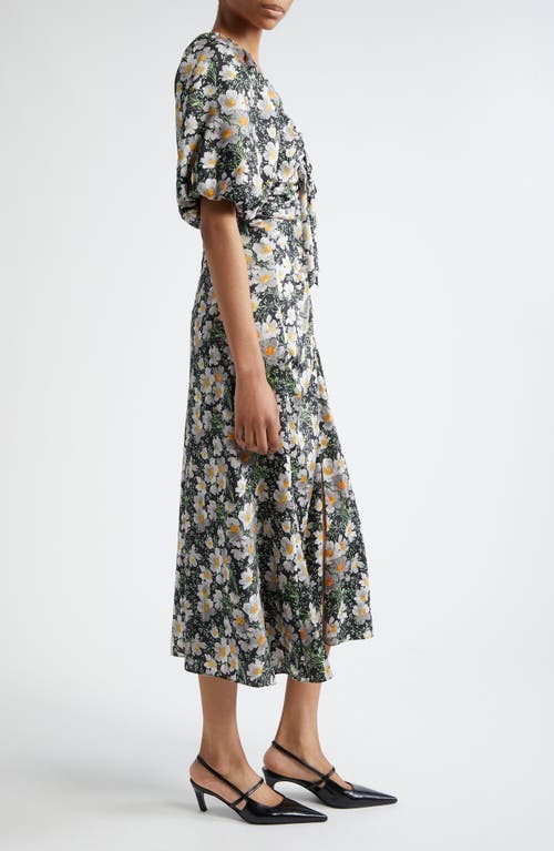 Cinq À Sept Brenton Cosmo Flower Puff Sleeve Ruched Midi Dress In Black