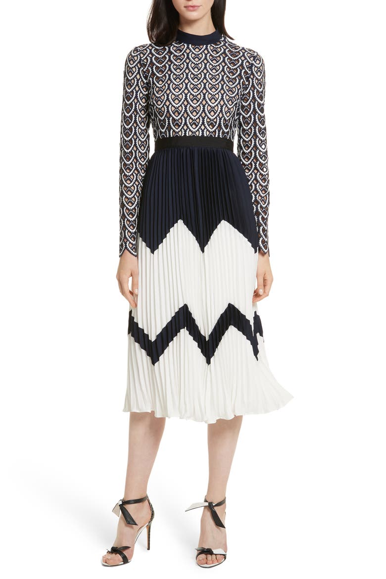 Sweetheart Crochet Pleated Midi Dress, Main, color, NAVY/ WHITE