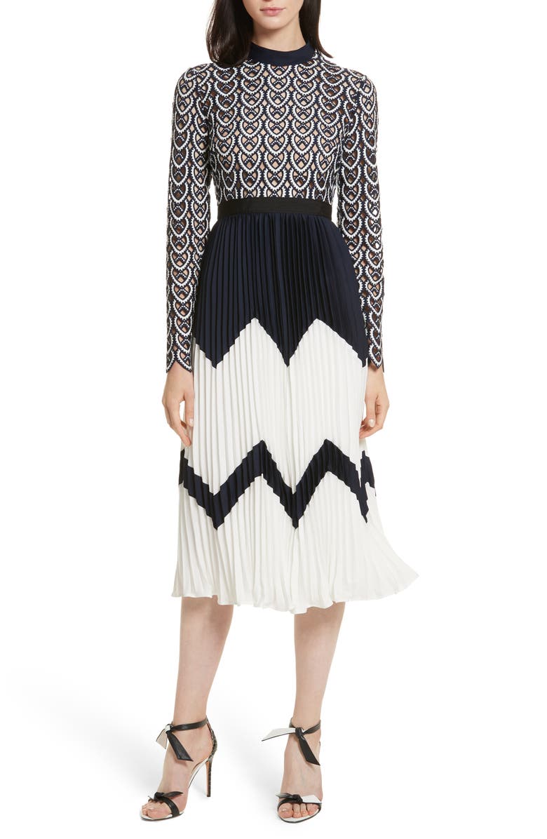 Self-Portrait Sweetheart Crochet Pleated Midi Dress, Main, color, 