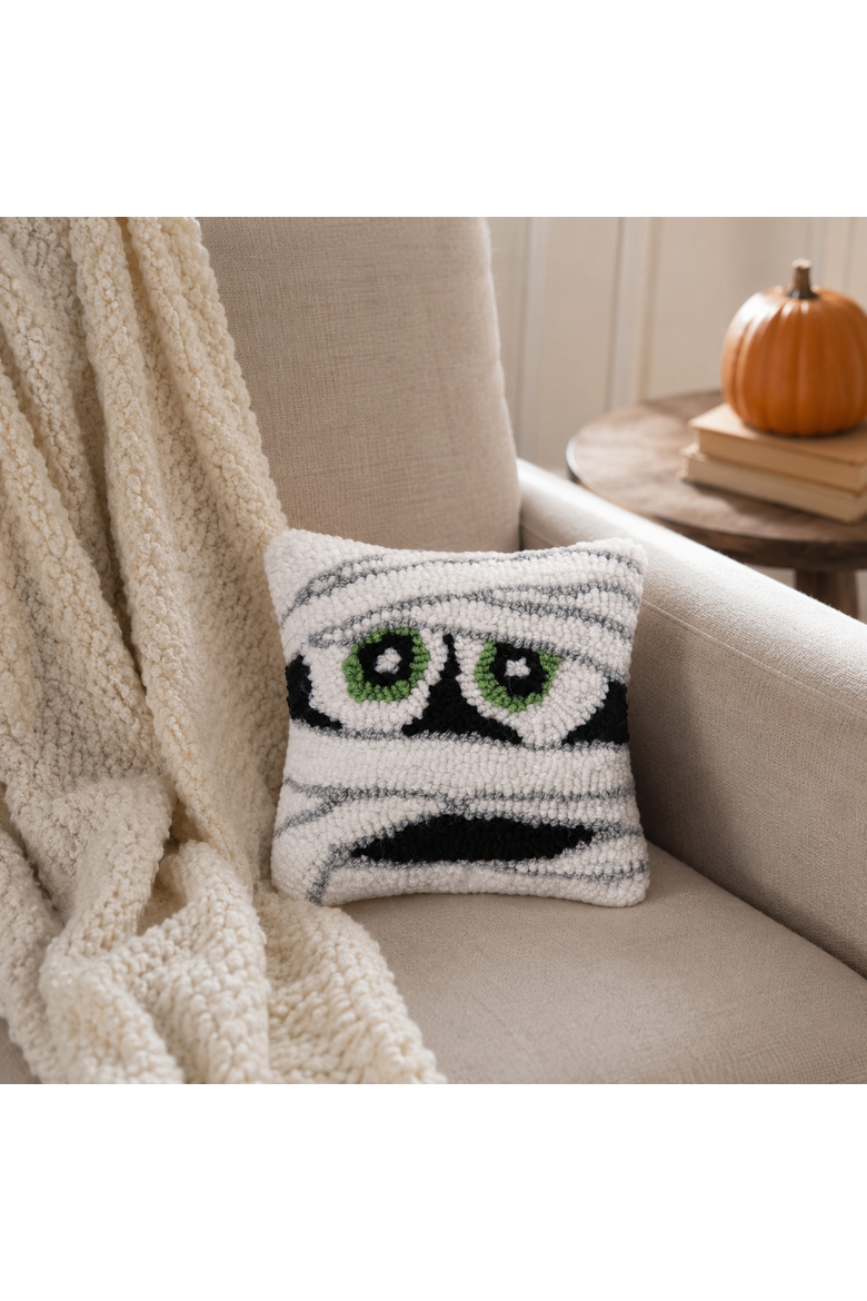 Mummy Face Small Accent Pillow 8" x 8" Fall Halloween Home Decor, Alternate, color, White