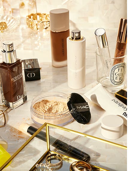 A collection of top-brand beauty products.