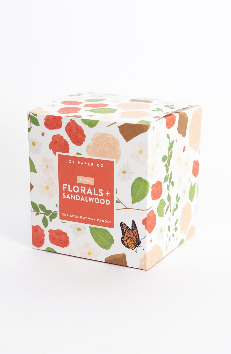 Joy Paper Co. Love Florals Sandalwood Soy Coconut Candle, Alternate, color, White Glass