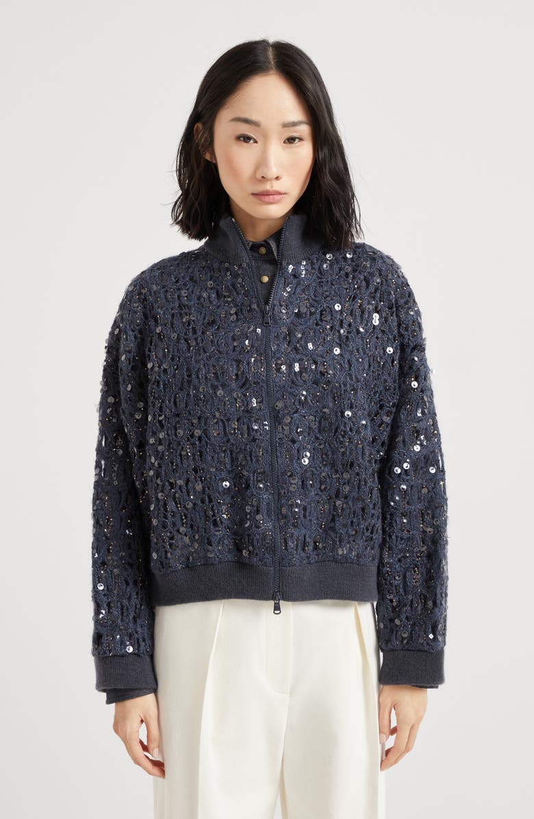Brunello Cucinelli Dazzling croc embroidery cardigan, Alternate, color, Navy Blue