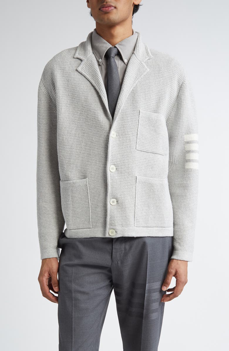 Thom Browne 4-Bar Waffle Knit Sweater Jacket, Main, color, Light Grey