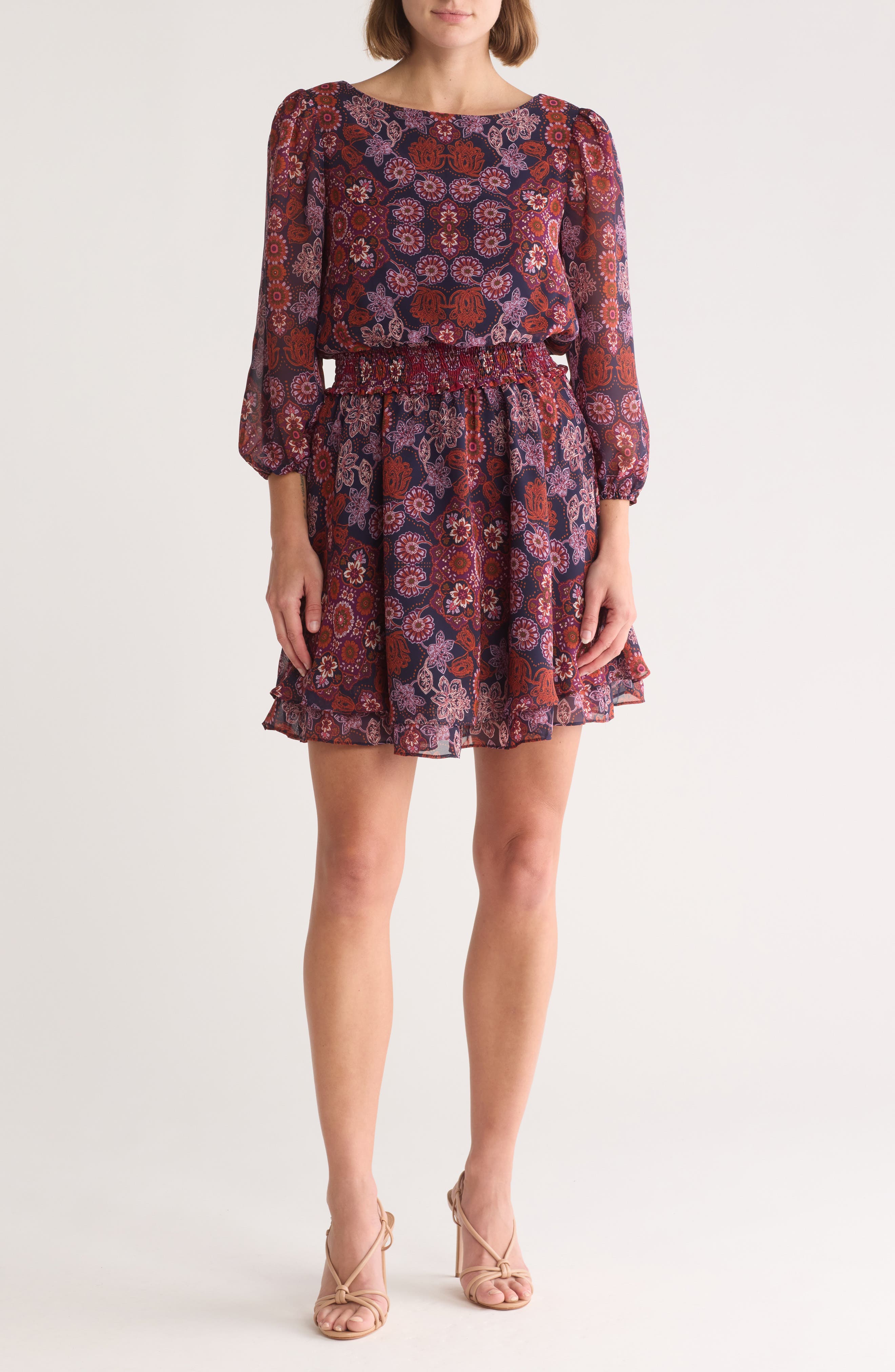 Vince Camuto Floral Balloon Sleeve Chiffon Fit & Flare Dress