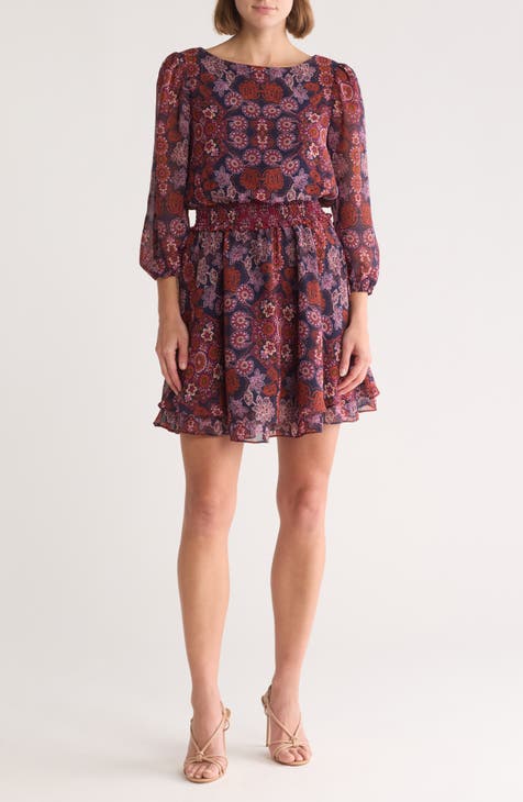 Floral Balloon Sleeve Chiffon Fit & Flare Dress