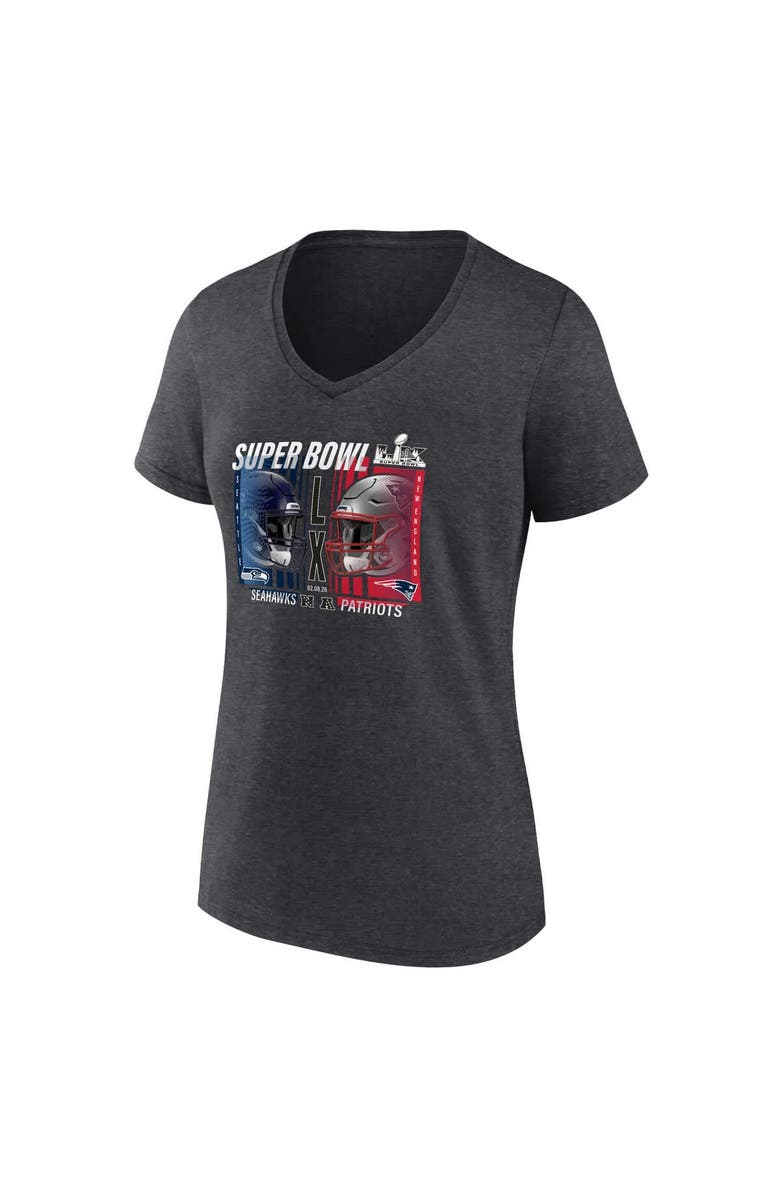 FANATICS Women's Fanatics  Heather Charcoal New England Patriots vs. Seattle Seahawks Super Bowl LX Matchup Plus Size Final Battle V-Neck T-Shirt, Alternate, color, Heather Charcoal