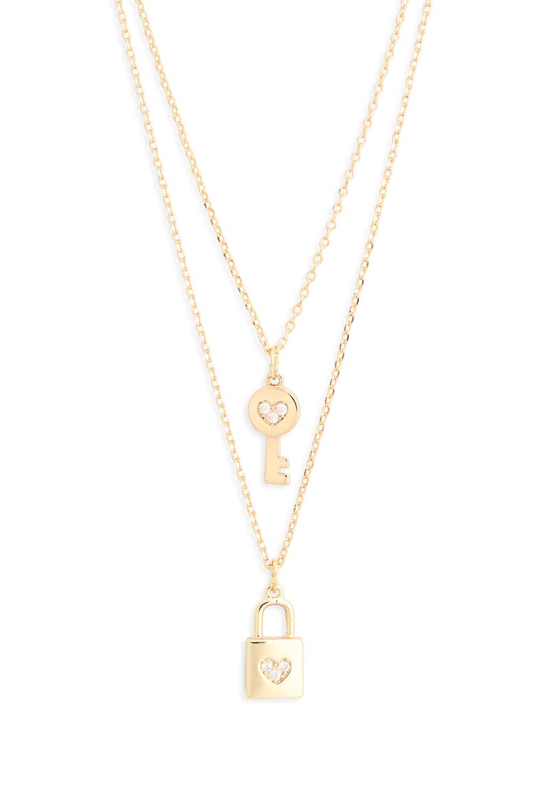 Set of 2 Lock & Key Pendant Necklaces, Alternate, color, CLEAR- GOLD