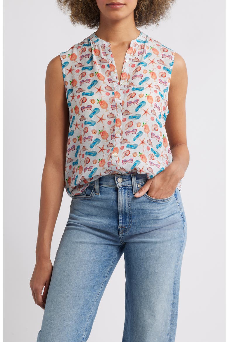 Print Button-Up Sleeveless Top, Main, color, PASTEL GREY MULTI