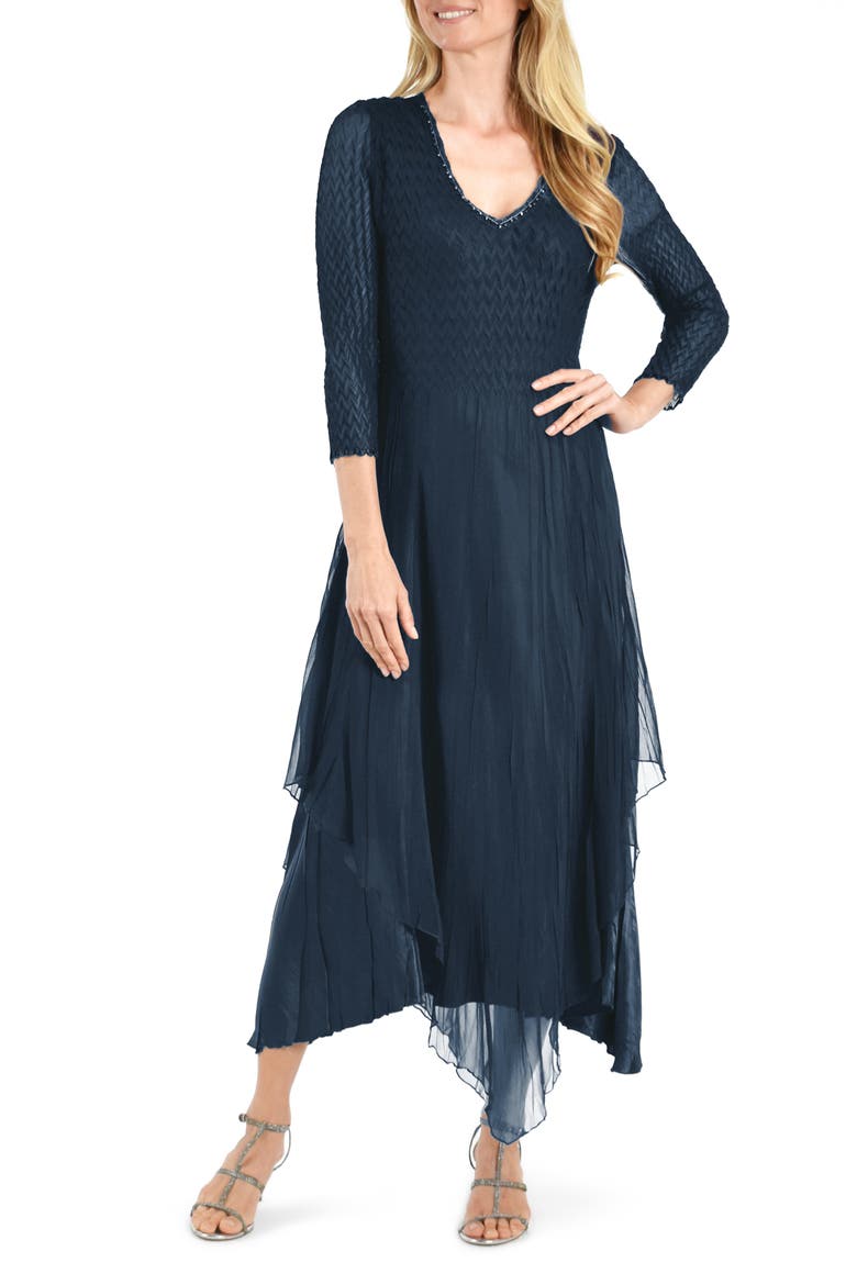 Beaded Neck Three Quarter Sleeve A-Line Dress, Main, color, MOROCCAN BLUE