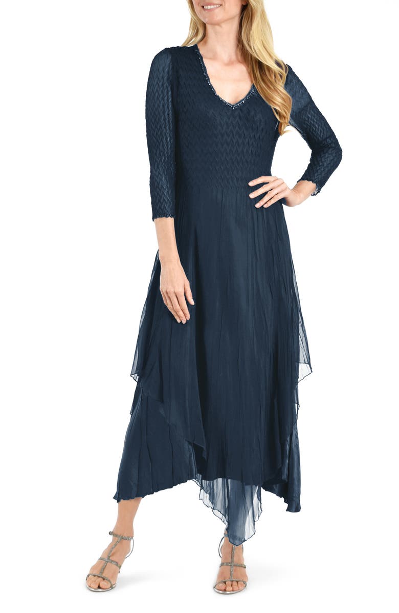 Komarov Beaded Neck Three Quarter Sleeve A-Line Dress, Main, color,