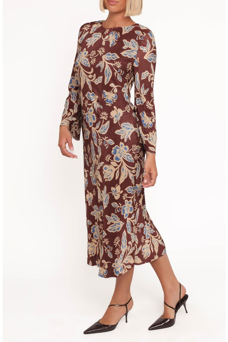 Morena Plissé Long Sleeve Midi Dress, Alternate, color, BROWN FLORAL