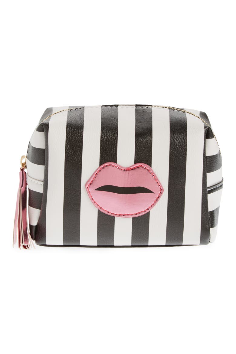 OMG Metallic Lip Stripe Cosmetics Bag, Main, color, BLACK/ WHITE