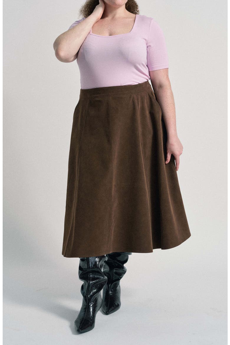 Abi Faux Suede Midi Skirt, Alternate, color, COFFEE