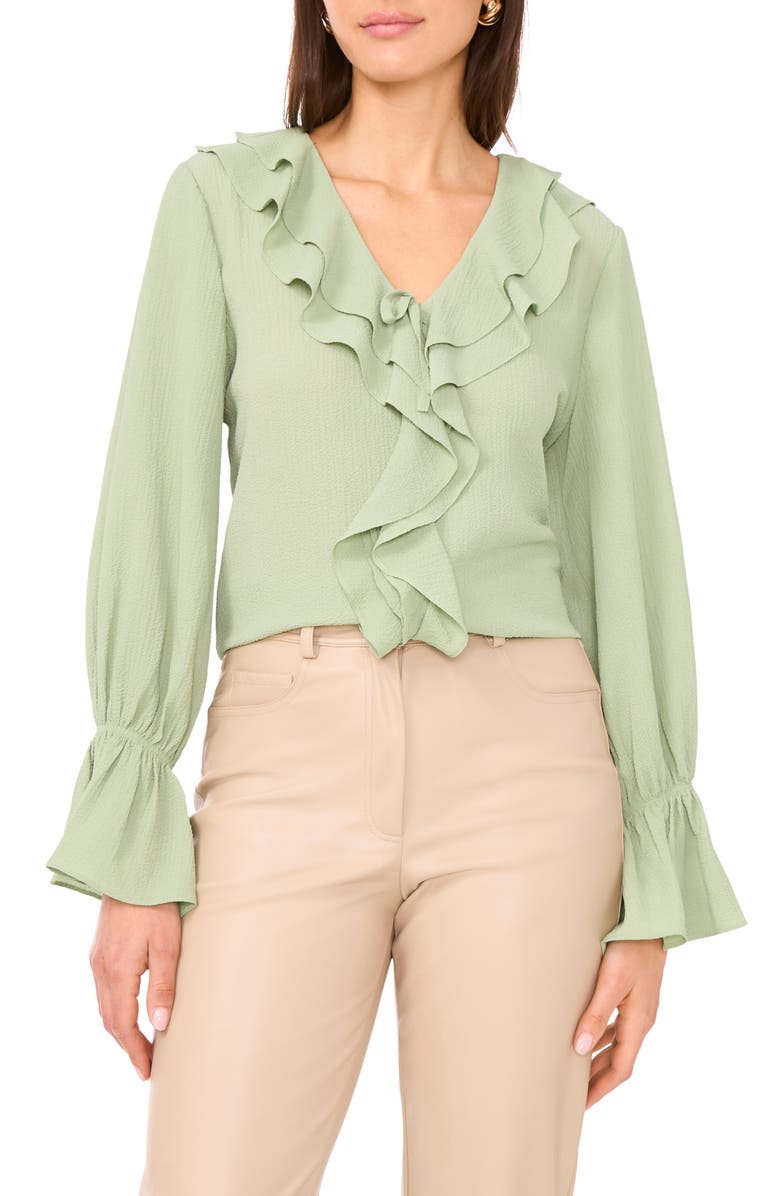 Vince Camuto Double Ruffle Bell Sleeve Top, Main, color, Eucalyptus
