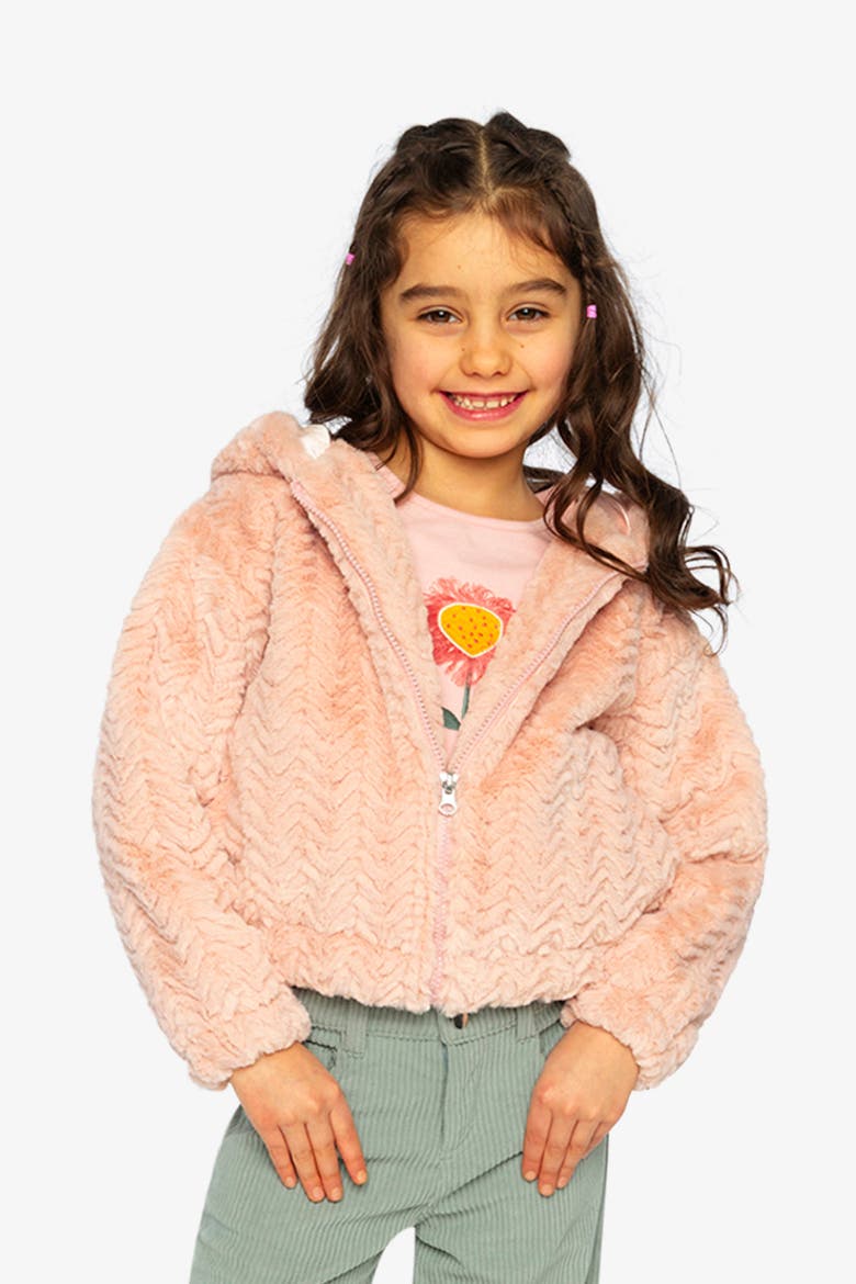 Faux Fur Hooded Chevron Texture Zip Cardigan, Alternate, color, Pink