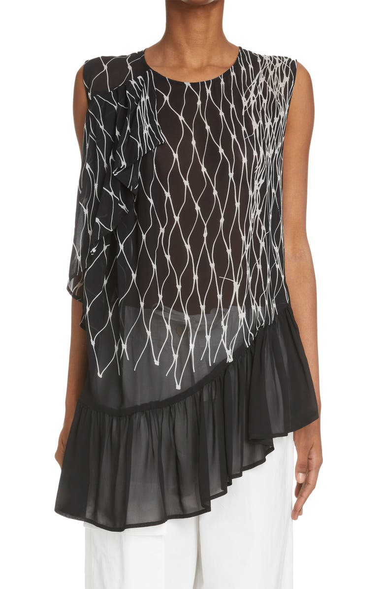 Dries Van Noten Cidar Print Asymmetric Ruffle Hem Top, Main, color, 