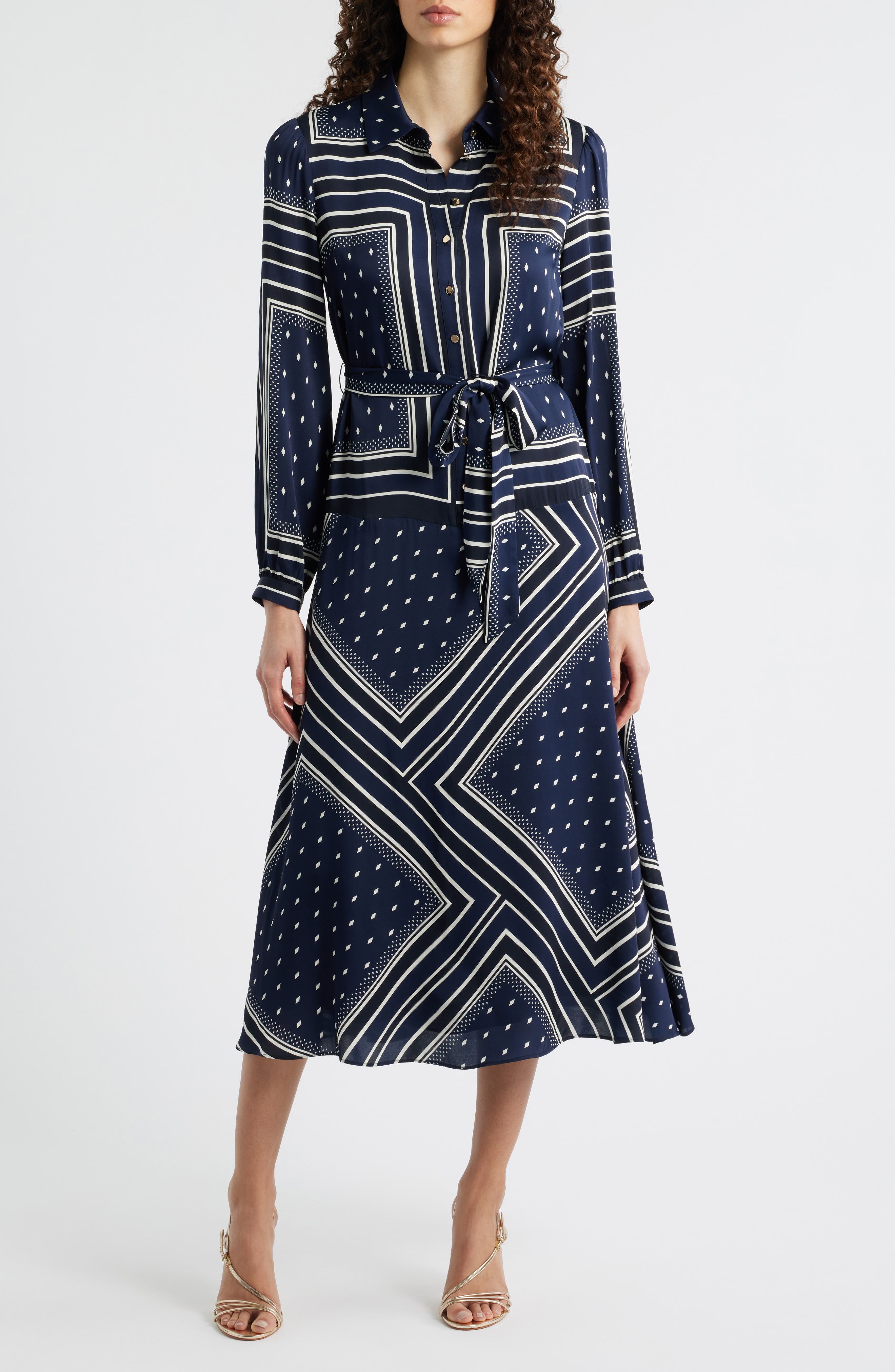 Elie Tahari The Hollie Diamond Rain Print Long Sleeve Silk Blend Midi Shirtdress