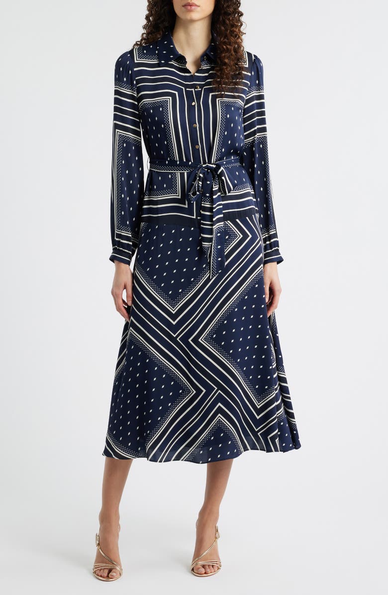 Elie Tahari The Hollie Diamond Rain Print Long Sleeve Silk Blend Midi Shirtdress, Main, color, Diamond Rain Print
