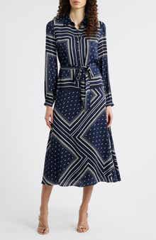 Elie Tahari The Hollie Diamond Rain Print Long Sleeve Silk Blend Midi Shirtdress