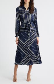 Elie Tahari The Hollie Diamond Rain Print Long Sleeve Silk Blend Midi Shirtdress