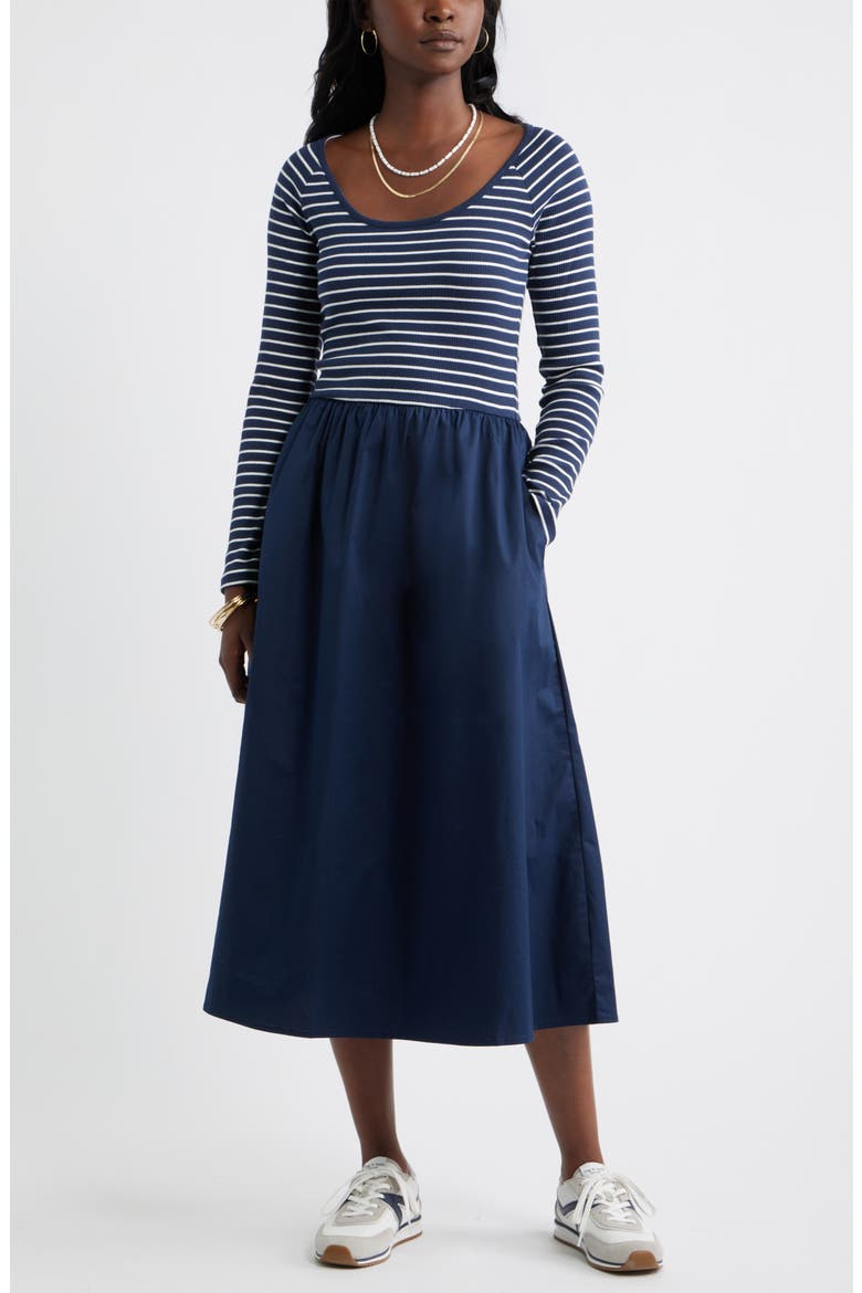 Mixed Media Midi Dress, Main, color, NAVY- IVORY ASHLEY STRIPE
