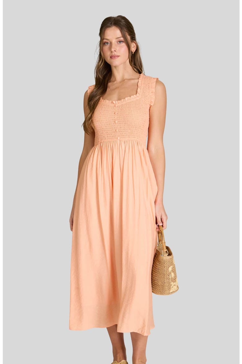 Smocked Midi Dress, Alternate, color, LIGHT ORANGE