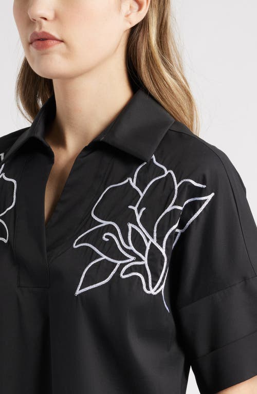 Shop Ming Wang Embroidered Cotton Blend Shirtdress In Black/white