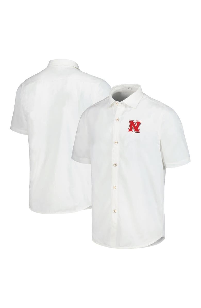 Tommy Bahama Men's Tommy Bahama White Nebraska Huskers Coconut Point Palm Vista IslandZone Camp Button-Up Shirt, Main, color, White