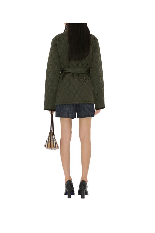 Burberry Quilted Nylon Jacket With Belt In Green